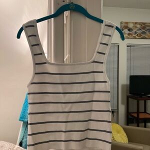 White Ribbed Square-Neck Tank with Navy Stripes